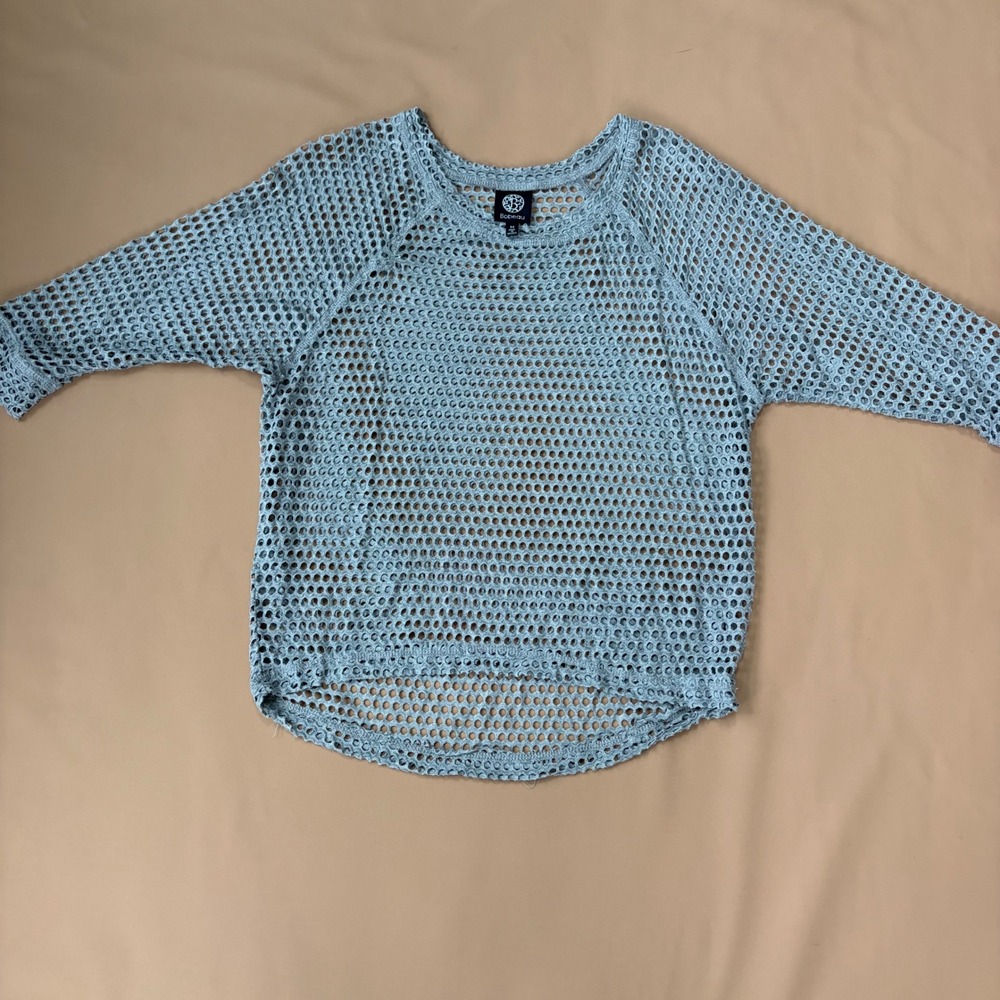 Bobeau Womens Grey Blue Fishnet Open Weave Crochet Knit Raglan Top M Festival‎
